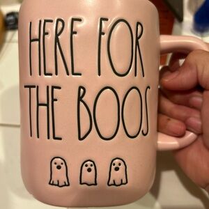 Rae Dunn HERE FOR THE BOOS coffee tea mug Pink Halloween Mug with Ghosts